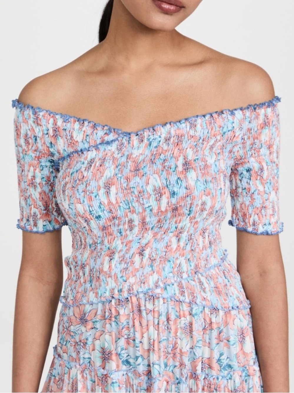 Poupette St. Barth One-Shoulder Smocked Floral Dress in Pink & Light Blue